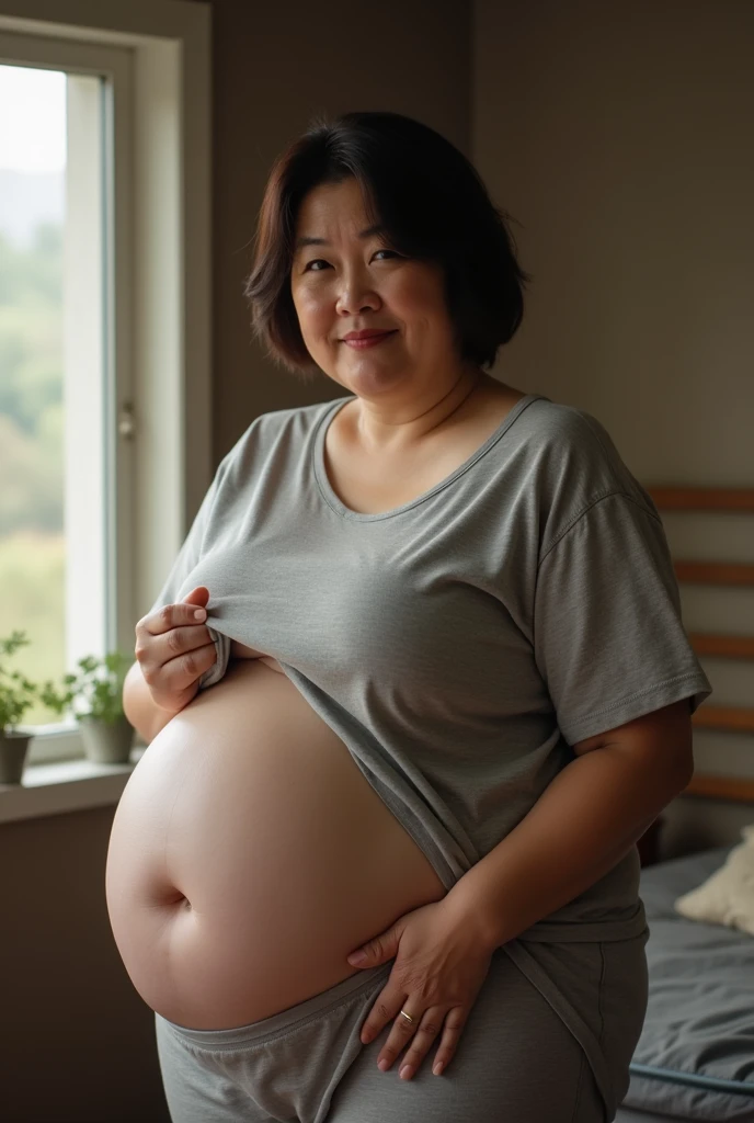 ((living)),（Best Quality,8K,Raw photo,Realistic,High resolution:1.2),(erotic curvy japanese mother）(gigantic huge breasts),(),,(oversized t-shirt),sweat pants,look horny,),((embarrassed erotically)),(((be shy erotically))),upper body facing front ,(tight fit),,,gigantic breasts close-up,short hair,(looking),giggle