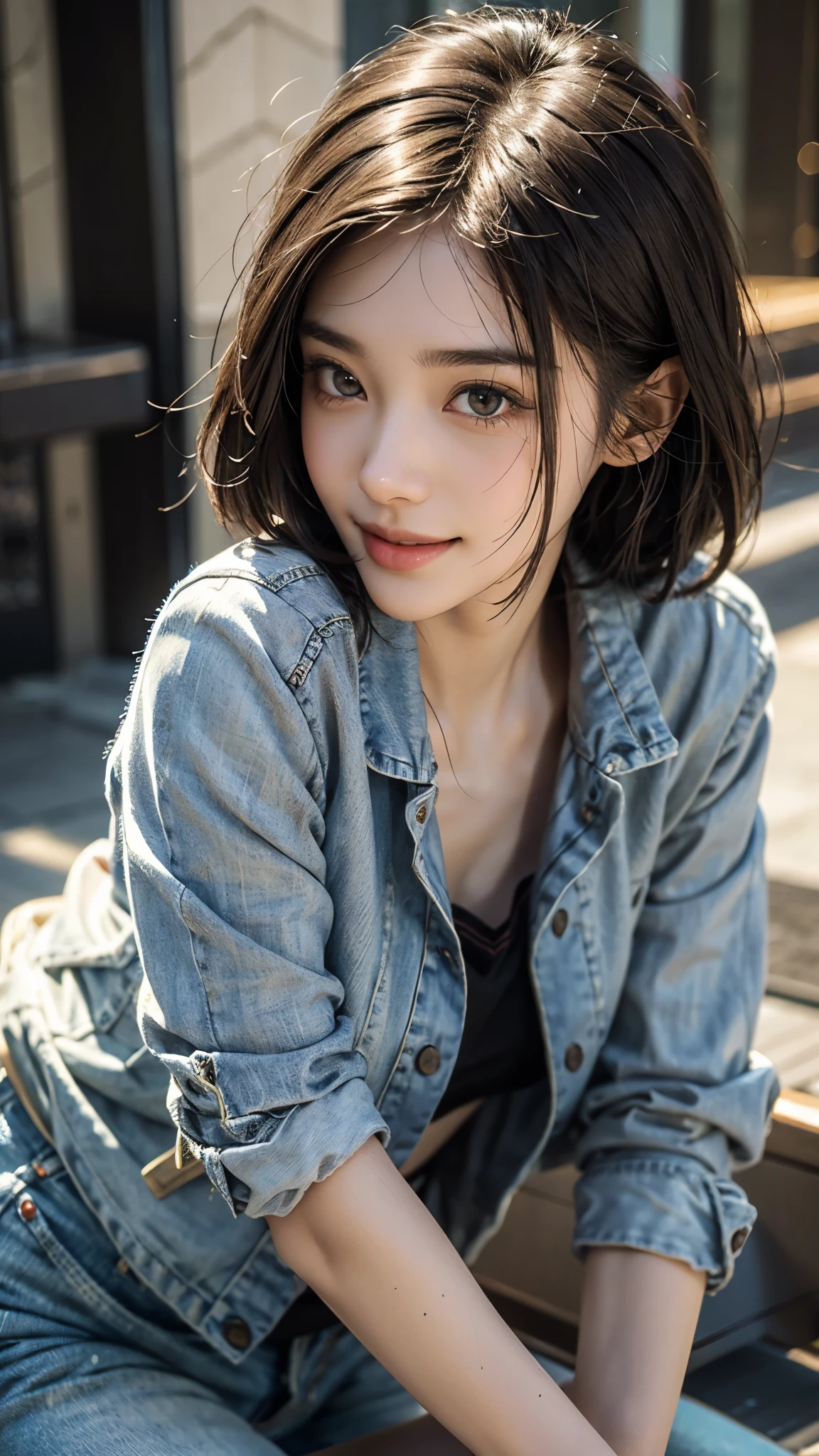 (Beautiful Woman Photo)
(Mastepiece:1.3),((Smile)),((Thin legs))Slim Body,Beautiful Japanese girl,((Smile)),Beautiful face,(Lifelike face),Beautiful delicate eyes,((College stadium jacket with slim jeans)),Realistic eyes,Beautiful skin,Realistic skin texture(Real Skin)Radiant Skin,Professional Lighting,((Jet black, glossy, straight)),((Short bangs)),Mid-chest,High resolution,Sharp Focus,Ultra high definition eyes,
