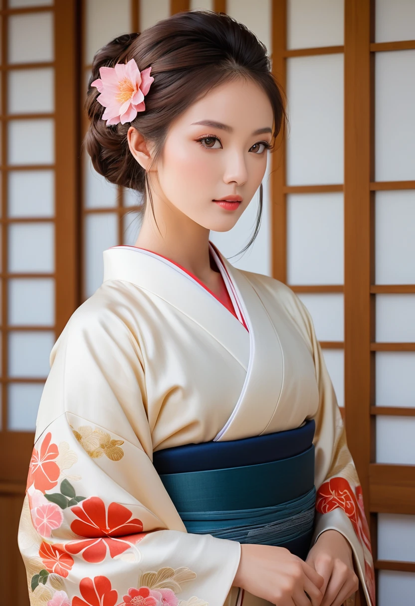 A beautifully detailed portrait of a young woman with flawless skin, piercing eyes, and delicate features, wearing a traditional Japanese kimono in a serene, minimalist setting, masterfully rendered in a photorealistic style with a soft, warm color palette and subtle, natural lighting, showcasing the woman's tranquil and elegant presence.