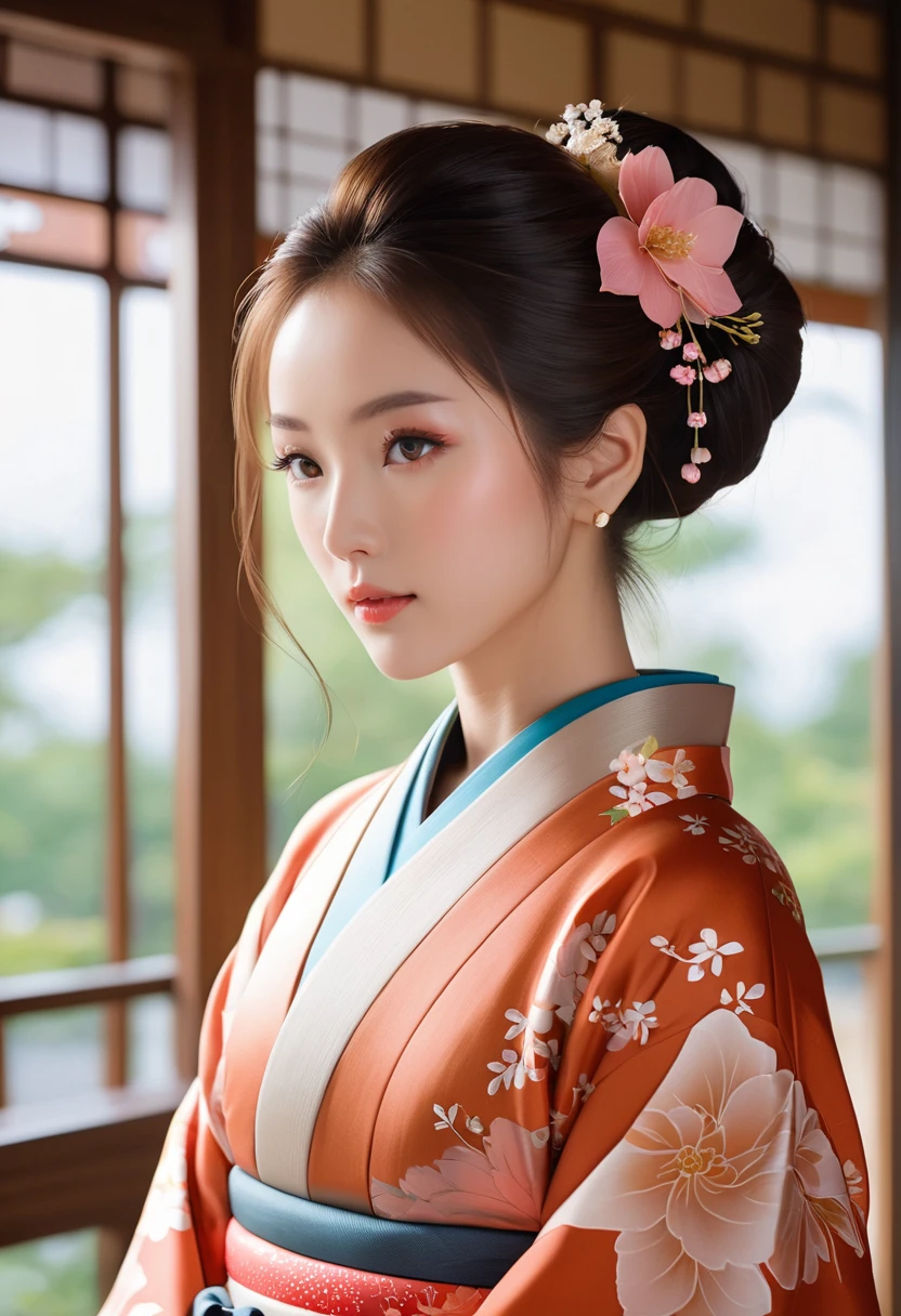 A beautifully detailed portrait of a young woman with flawless skin, piercing eyes, and delicate features, wearing a traditional Japanese kimono in a serene, minimalist setting, masterfully rendered in a photorealistic style with a soft, warm color palette and subtle, natural lighting, showcasing the woman's tranquil and elegant presence.