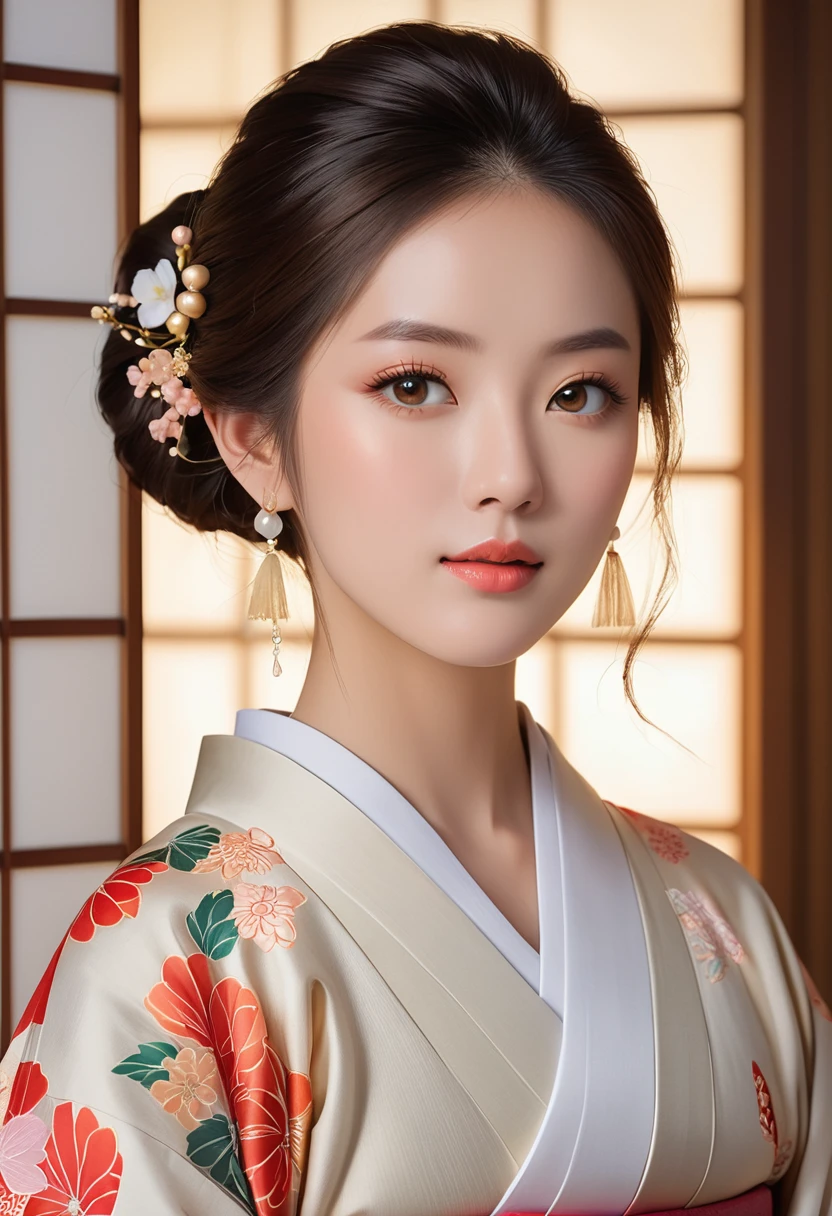 A beautifully detailed portrait of a young woman with flawless skin, piercing eyes, and delicate features, wearing a traditional Japanese kimono in a serene, minimalist setting, masterfully rendered in a photorealistic style with a soft, warm color palette and subtle, natural lighting, showcasing the woman's tranquil and elegant presence.