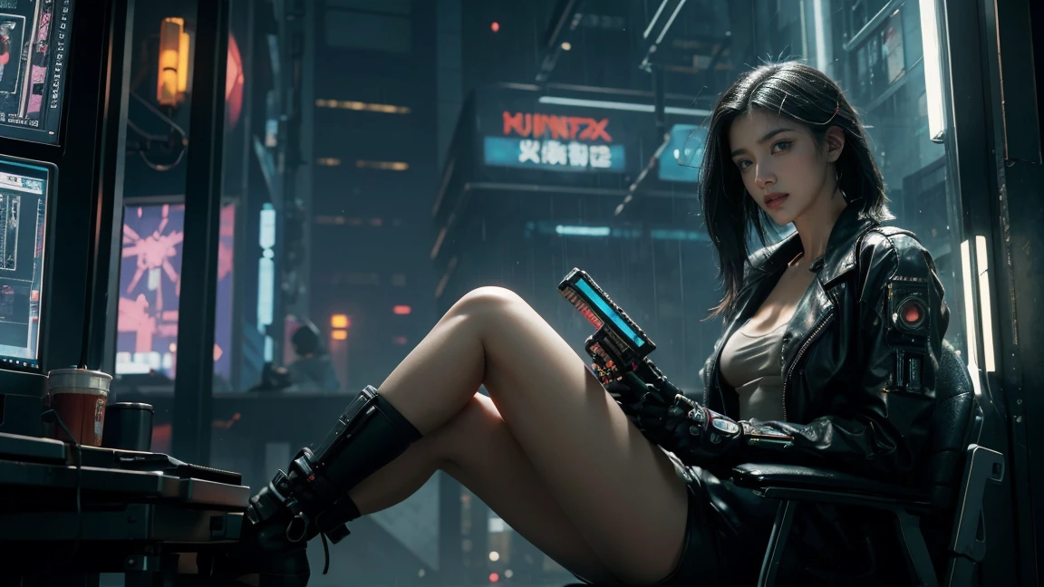 Beautiful woman sitting in office with book in hand. ((cyberpunk style)), operating pc, high tech city, machine enhanced, (high tech fantasy), robotics, 3D game, Blade Runner, Ghost in the Shell, it's raining