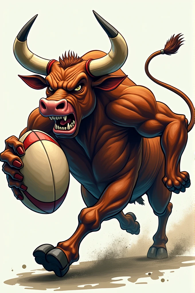 angry cartoon bull holding a rugby ball between his arm and body running with a transparent backdrop