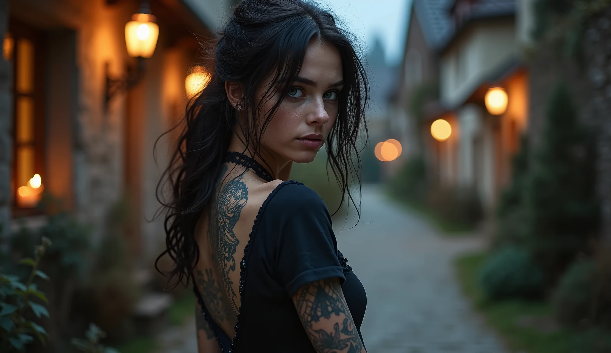 tatuados,Very beautiful big breasts、Angle from below(T-Shirts、Distressed denim)(H-Cup Bust),(Back tattoo、Many tattoos on both arms and neck)、 (Cesky Krumlov(Czech Republic) - Medieval townscape and beautiful river views),Candlelight only,Very detailed, 2, A beautiful woman,Depressed face, Black Hair,Medium Wavy Hair, blue eyes, High resolution, masterpiece, Highest quality, Intricate details, Very detailed, Clear focus, Delicate skin, practical skin texture, texture, Delicate eyes, Professional, 8k, Sad face,despair、 Shot with Canon, 85mm, Shallow and deep, Kodak Vision Color, Exactly, Very detailed, photograph_\(Extremist\), photographpractical, practical, Post-processing, Maximum details, Roughness, Real Life, Extremist practical, Photorealism, photographgraphy, 8k ウルトラ HD, photographgraphy