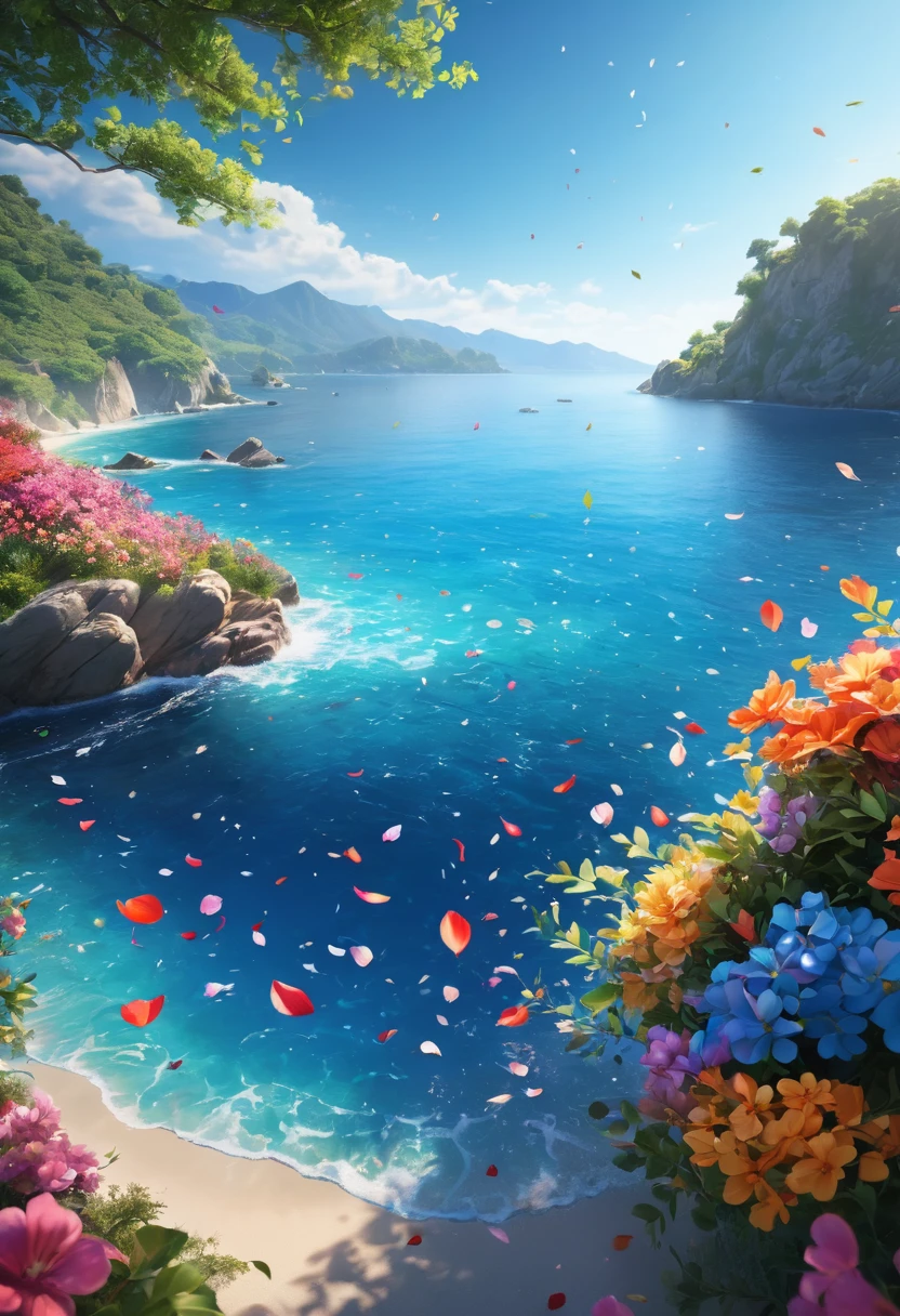 a masterpiece, (best quality, 8k wallpaper, extremely detailed CG unity),(highest quality illustration),(highest quality shadows),nature, blue ocean, delicate leaves, multicolored flower petals falling through the air with light trails, ultra-detailed