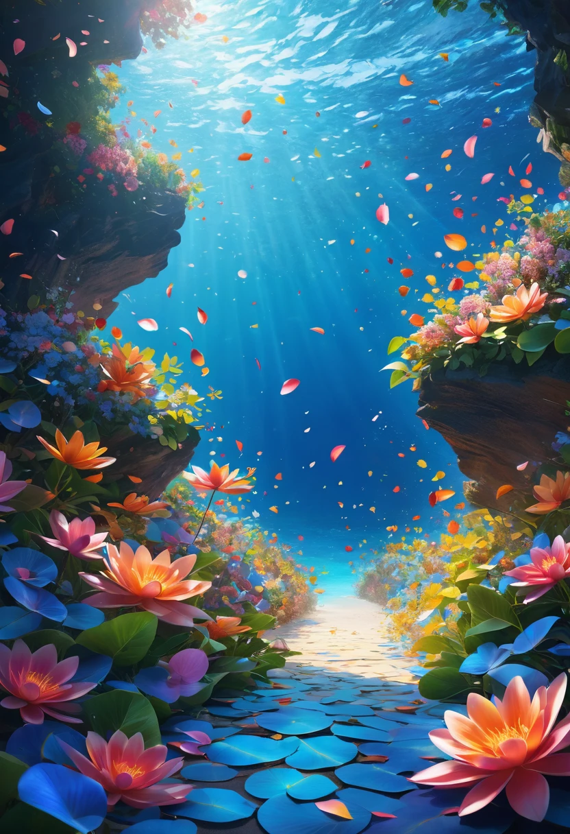 a masterpiece, (best quality, 8k wallpaper, extremely detailed CG unity),(highest quality illustration),(highest quality shadows),nature, blue ocean, delicate leaves, multicolored flower petals falling through the air with light trails, ultra-detailed