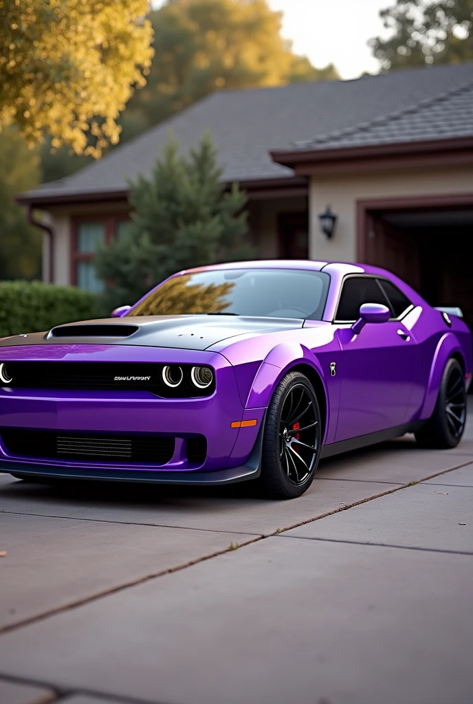 A realistic purple hellcat with black rims in a driveway