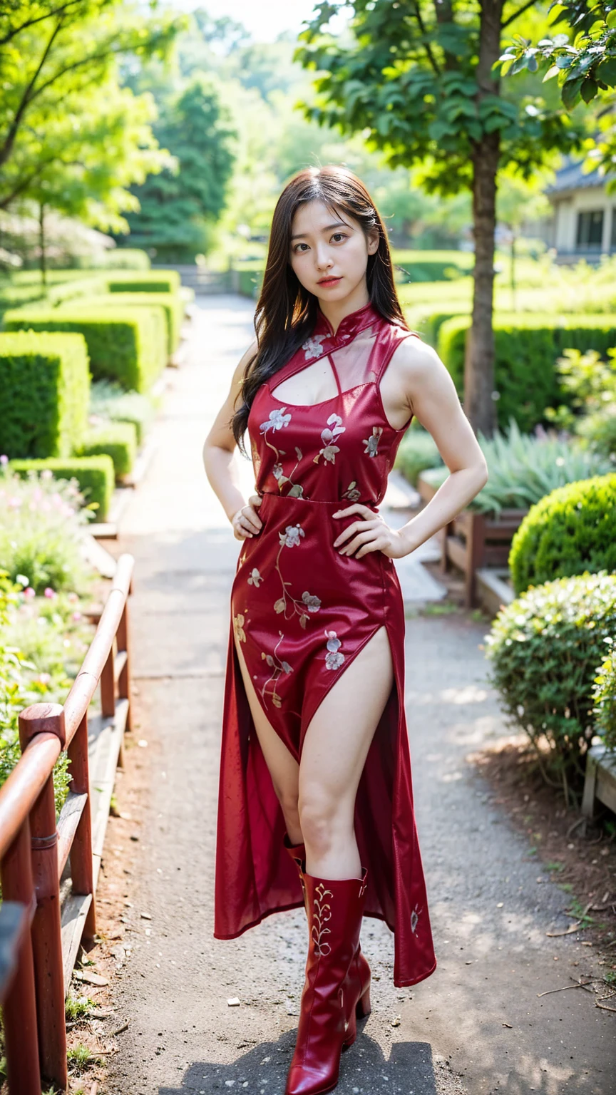 (8k、RAW Photos、Highest quality、masterpiece:1.2)、(Realistic、Realistic)、1 person、((Black and Red、China dress、Fantasy、Sleeveless、See-through、garden、garden、Breast enlargement、boots、cool、Thin legs、whole body、View from the front、Looking into the camera、Stand with hands on hips))、cute