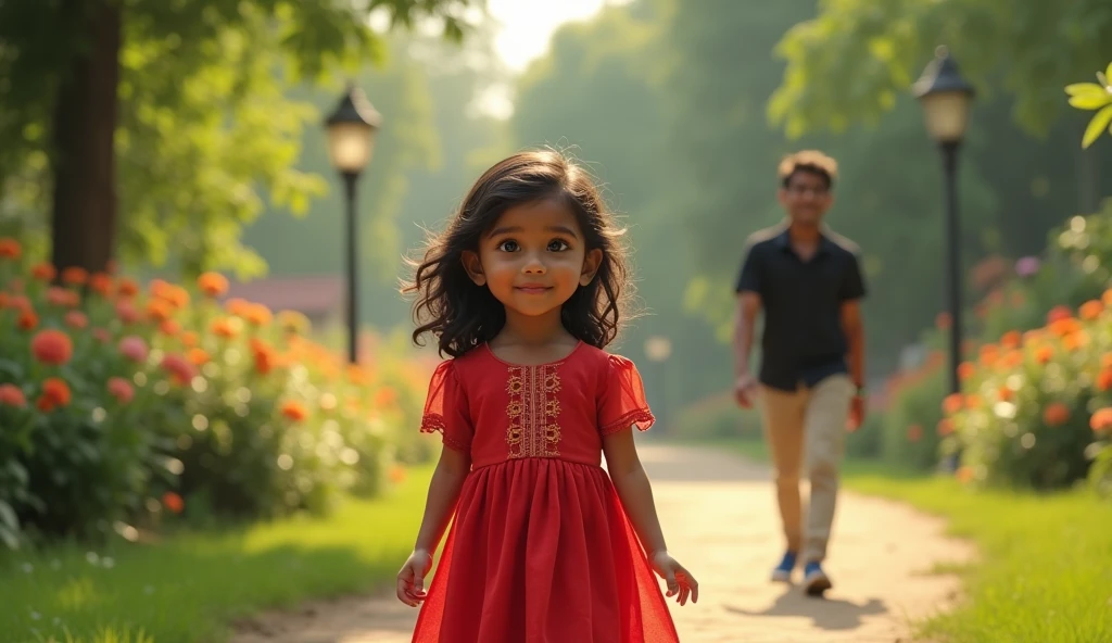 An Indian girl whose name is Shreya is very beautiful, she is 2, she is wearing a red frock, Indian country and she studies in an Indian university, she is going in the garden of the university and a handsome boy is coming behind her, like her boyfriend, that girl is wearing a black shirt and khaki coloured pants, that girl is 2 