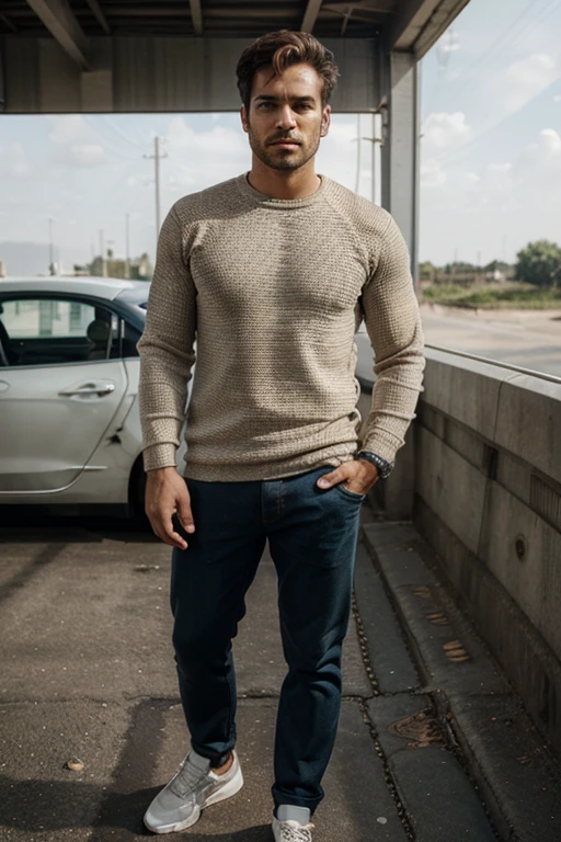 generate a picture of a man ((whole body)) wearing a casual outfit standing in the middle of a car ((textured skin))