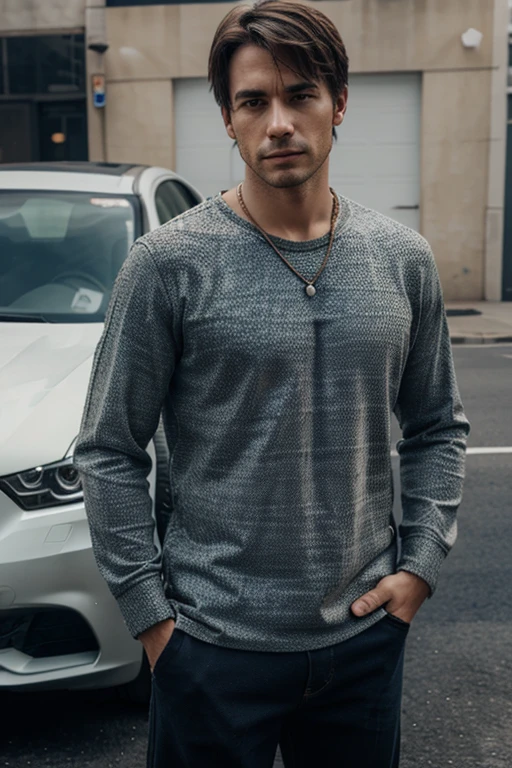 generate a picture of a man ((whole body)) wearing a casual outfit standing in the middle of a car ((textured skin))