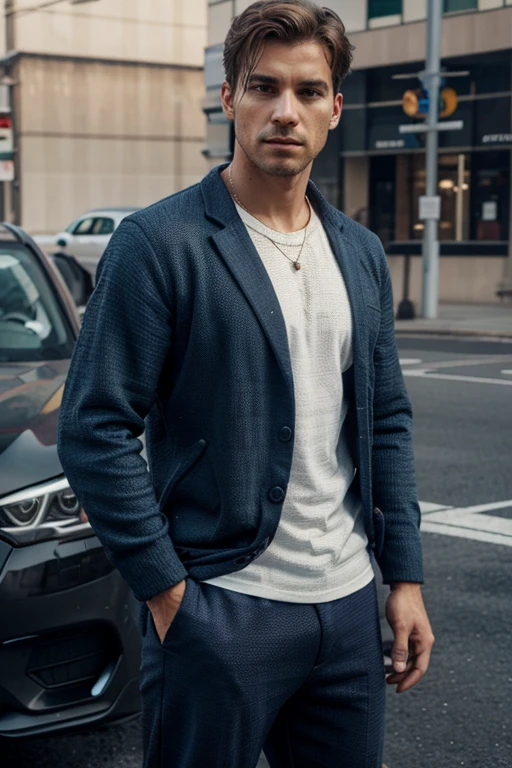 generate a picture of a man ((whole body)) wearing a casual outfit standing in the middle of a car ((textured skin))