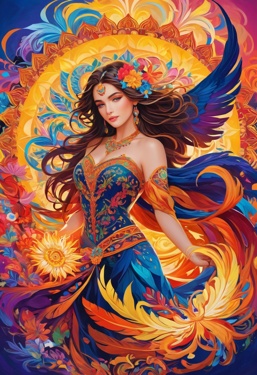 Official Art, Unified 8k wallpaper, Super detailed, beautiful Beauty, beautiful, masterpiece, Highest quality, (Tangled, Mandala, Tangled, Intertwined), (Flower Ecstasy: 1.2) Dynamic Angle, Cowboy Shot, The Most beautiful Chaotic Forms, Elegant, Fauvist design, Bright colors, Romanticism, atmosphere, Golden Crow, Sun God, feather, fire,