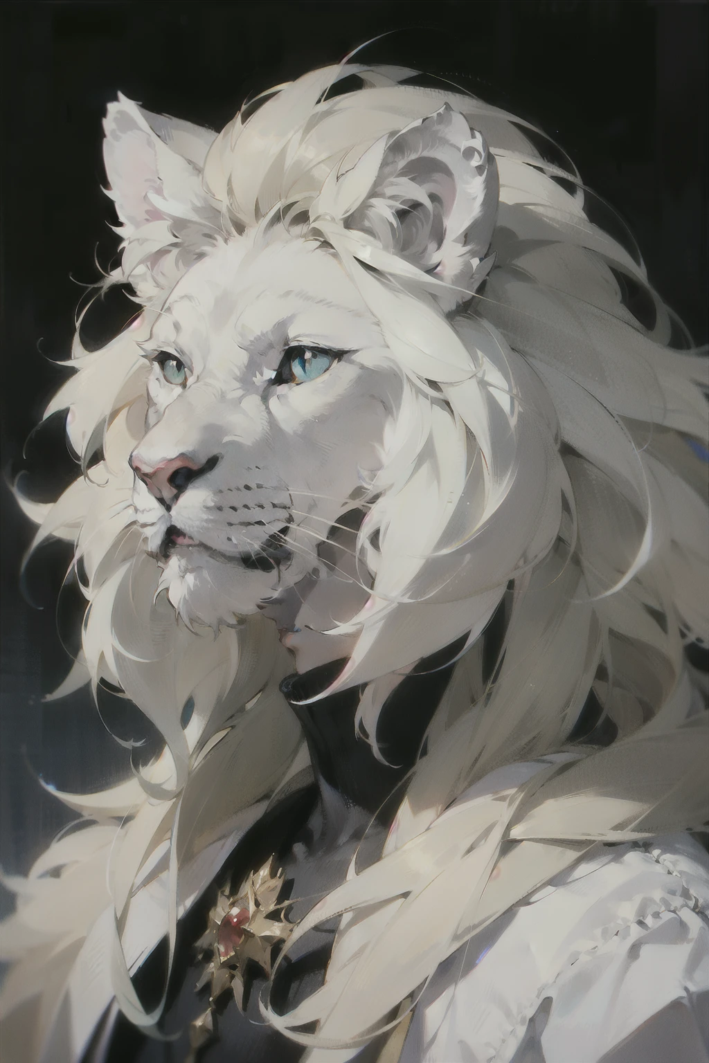 Furry, white lion, Blue eyes, shoulder length portrait