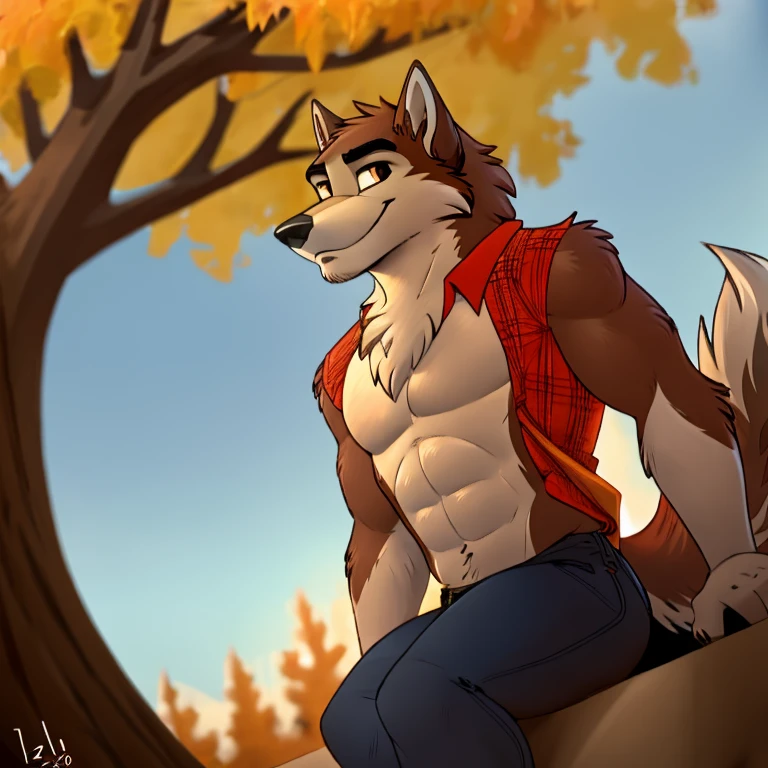 best quality, (masterpiece), (ultra detailed), (high quality), (high resolution), cartoon, tall handsome sexy orange wolf, strong abs, dark brown hair, orange tail, two tone orange fur, two-tone fur, wolf ears, beautiful wolf face, wolf muzzle, beautiful detailed eyes, nice shading, sitting, red flannel country shirt, black  jeans, nature, male, happy, orange fur, sexy body, 