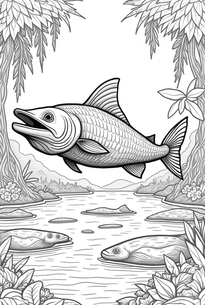 Generate a series of black and white illustrations suitable for coloring books, featuring animals from the Amazon rainforest. pirarucu