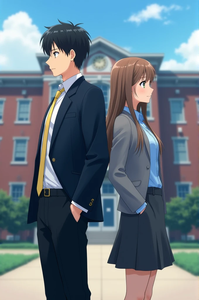two high school students stood straight in front of a large school building, they stood back to back. the man with short black hair was wearing a white shirt and a dark blue blazer, a gold tie, and black pants. the woman with long hair was wearing a light blue shirt, a light gray blazer, and a dark gray knee-length skirt.