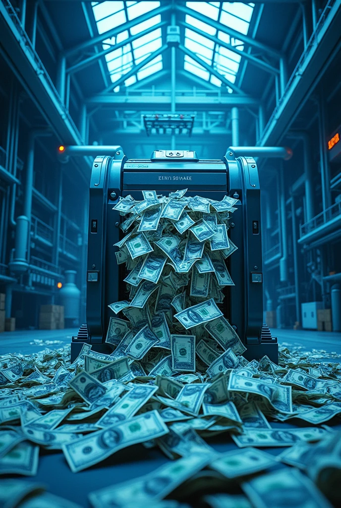 Blue factory shredder spewing out money
