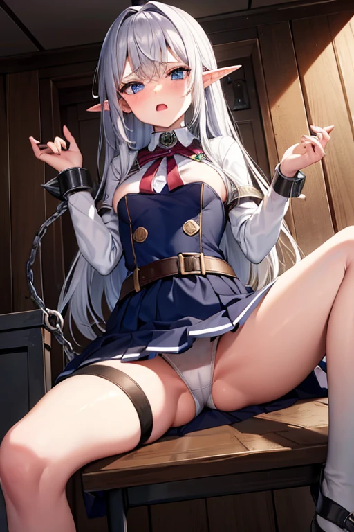 Elf, Silver Hair, In the torture chamber, Attached to an iron bed, school uniform, Open your mouth, Raise your hands, Crying face, Small breasts, A large iron collar with spikes and handcuffs, Spread your legs