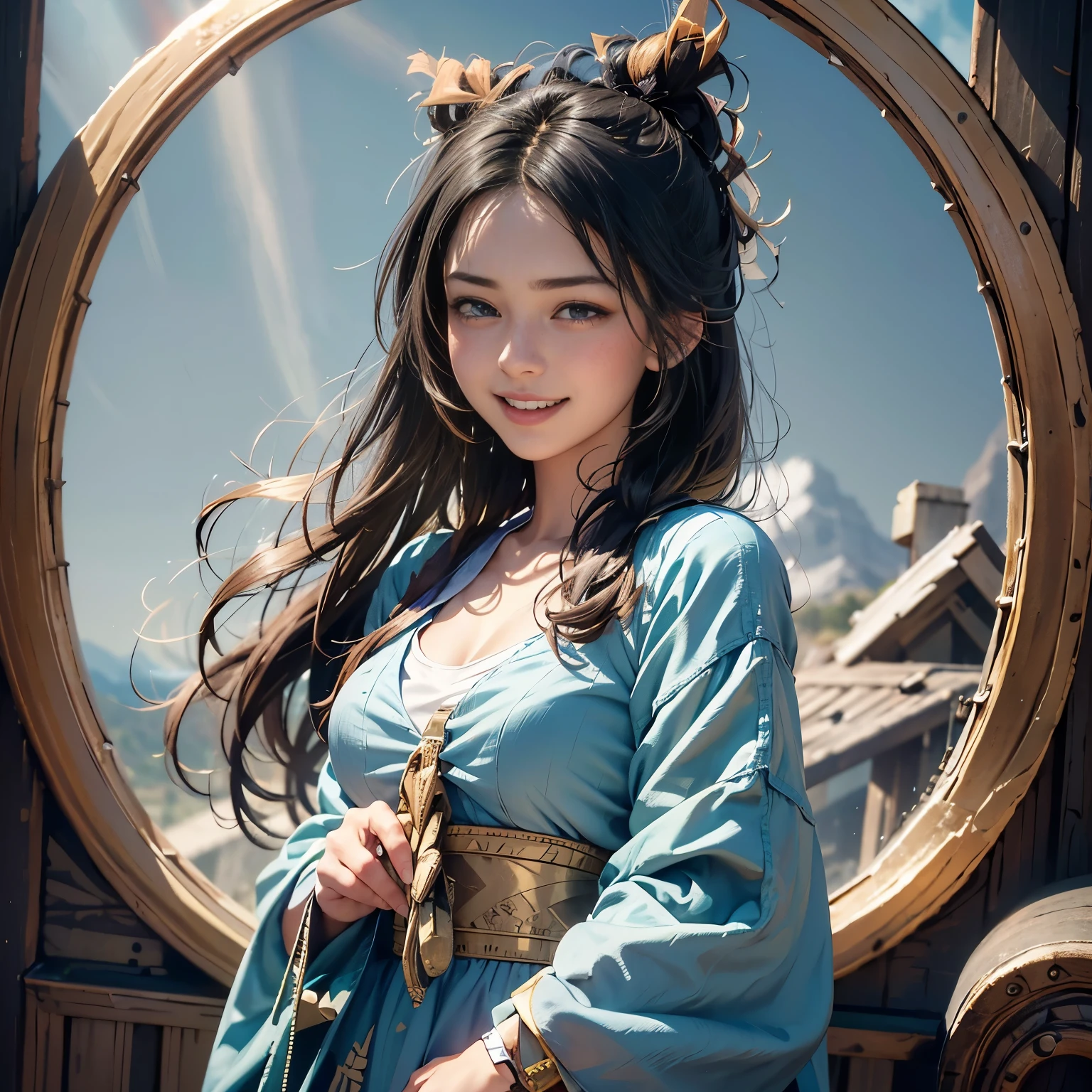 A girl wearing a blue dress and a watch stands on a hill,Standing on the top of the mountain,Standing on the top of the mountain, Hair blowing in the wind,Hair blowing in the wind,Hair blowing in the wind.,She lifted her head slightly.., Her arms were open. She was carrying a small backpack., Dynamic volume lighting illuminates her face in great detail.. I have black hair that reaches my shoulders., blowing in the wind. She had a big smile on her face, Her eyes were filled with joy.. She has double eyelids..