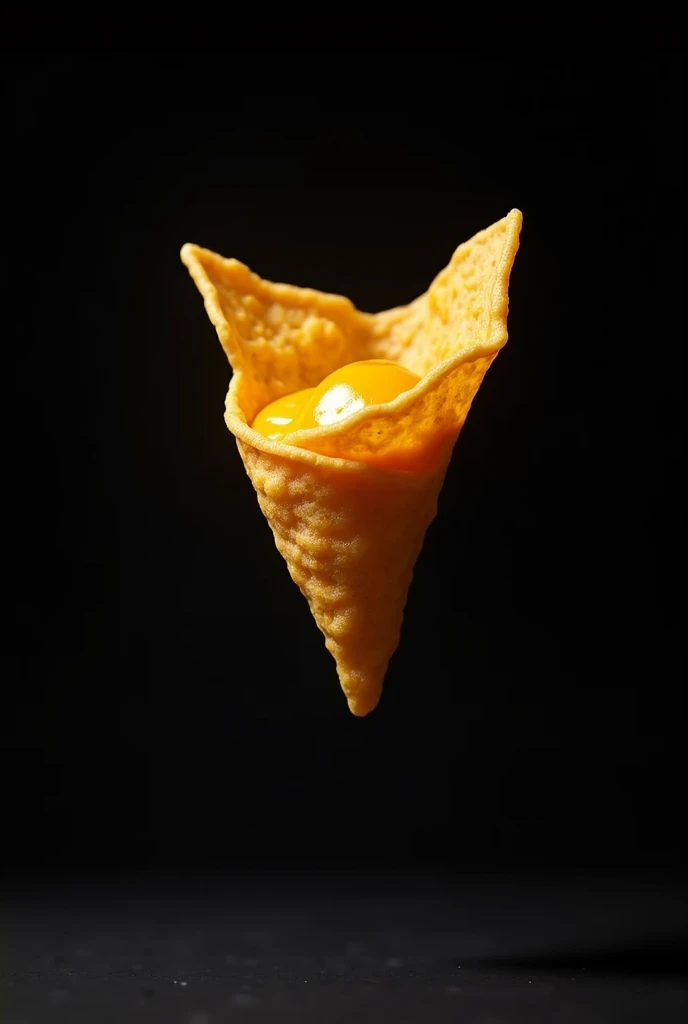 One Nacho less cheese high on top of the picture with black background 