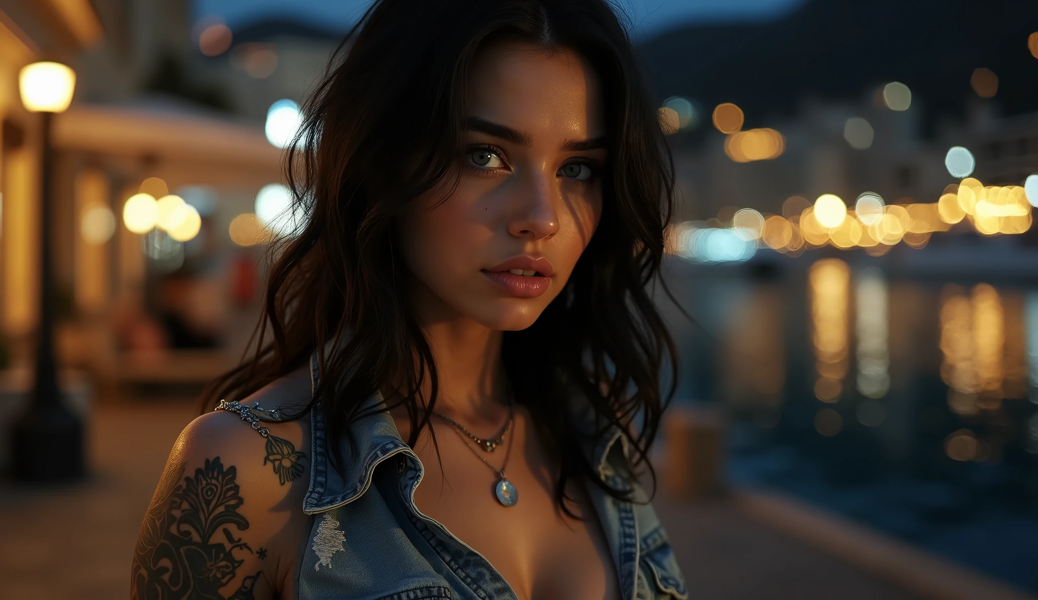 tatuados,Very beautiful big breasts、(Angle from below(T-Shirts、Distressed denim)(H-Cup Bust)),(Back tattoo、Many tattoos on both arms and neck)、 (Monaco at night - Luxury streets and casinos on the Mediterranean coast),Candlelight only,Very detailed, 2, A beautiful woman,Depressed face, Black Hair,Medium Wavy Hair, blue eyes, High resolution, masterpiece, Highest quality, Intricate details, Very detailed, Clear focus, Delicate skin, practical skin texture, texture, Delicate eyes, Professional, 8k, Sad face,despair、 Shot with Canon, 85mm, Shallow and deep, Kodak Vision Color, Exactly, Very detailed, photograph_\(Extremist\), photographpractical, practical, Post-processing, Maximum details, Roughness, Real Life, Extremist practical, Photorealism, photographgraphy, 8k ウルトラ HD, photographgraphy