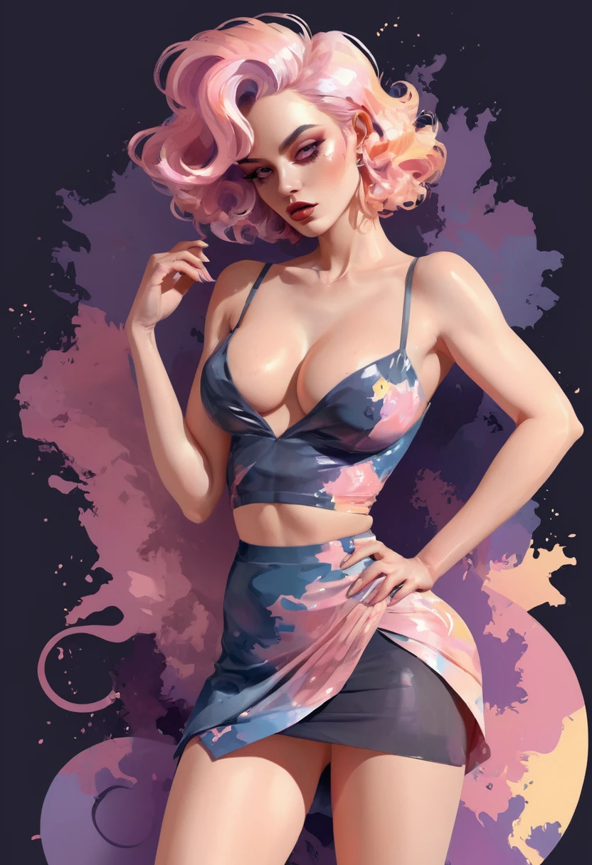 (sambanekostyle:1.4), 2d art, [ vector sketch, thick strokes : watercolor sketch, paint smears : 4], Glam Girl aesthetic, pastel colors, stunning background. dark and moody, a mesmerizing blend of light and shadow. masterpiece, absurdres, intricate details , cleavage, thigh, short skirt, sexy