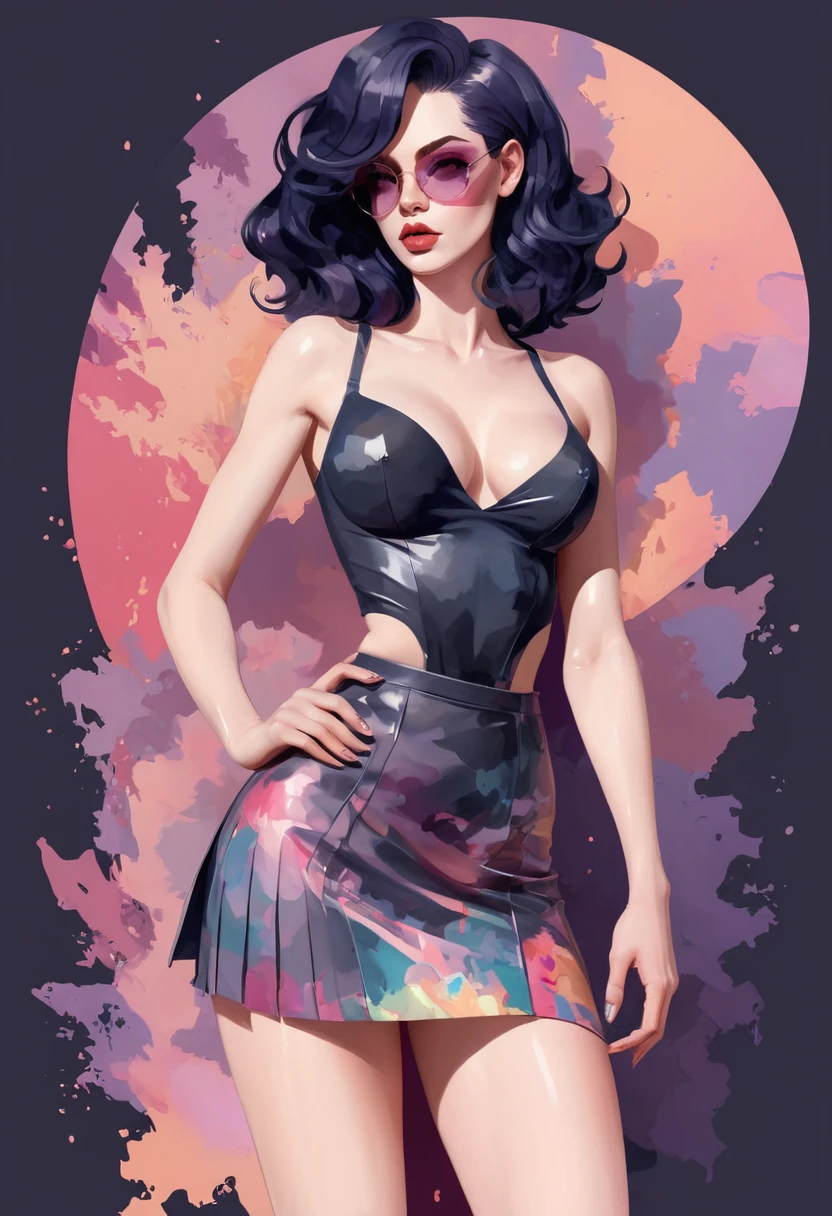(sambanekostyle:1.4), 2d art, [ vector sketch, thick strokes : watercolor sketch, paint smears : 4], Glam Girl aesthetic, pastel colors, stunning background. dark and moody, a mesmerizing blend of light and shadow. masterpiece, absurdres, intricate details , cleavage, thigh, short skirt, sexy