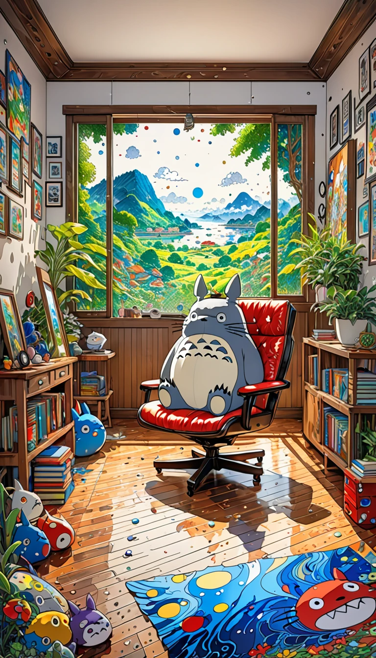 Takashi Murakami Style,(((Totoro))),study,(((Dozing off while sitting on a chair))), 8K Quality,Intense watercolor, Detailed watercolor art, Watercolor splash, Surreal, avant-garde pop art, Beautiful and expressive paintings, Beautiful artwork illustration, Very colorful tones, wonderful, Cool beauty, highest quality,Official Art, Vector art, Stylish design, ((Totoro)),(((dozing off1.9))), (((den1.9))),in the room, (((highest quality))), HDR, ((detailed)), (((Doodle Art)), ((masterpiece)), ((Super detailed)), (((Stylish))),