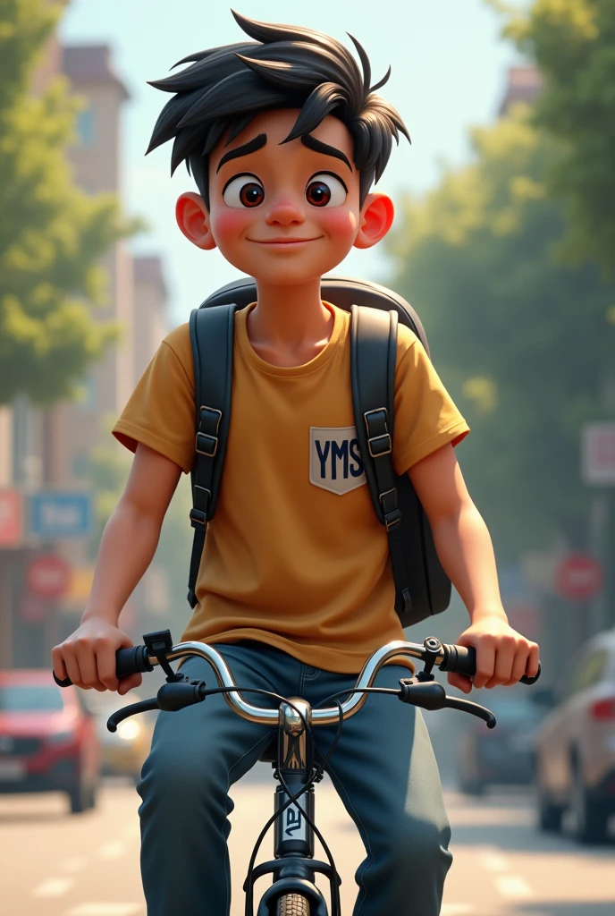 A 17 year old boy with school bag sit on bicycle and the  name on the pocket of shirt is YMS