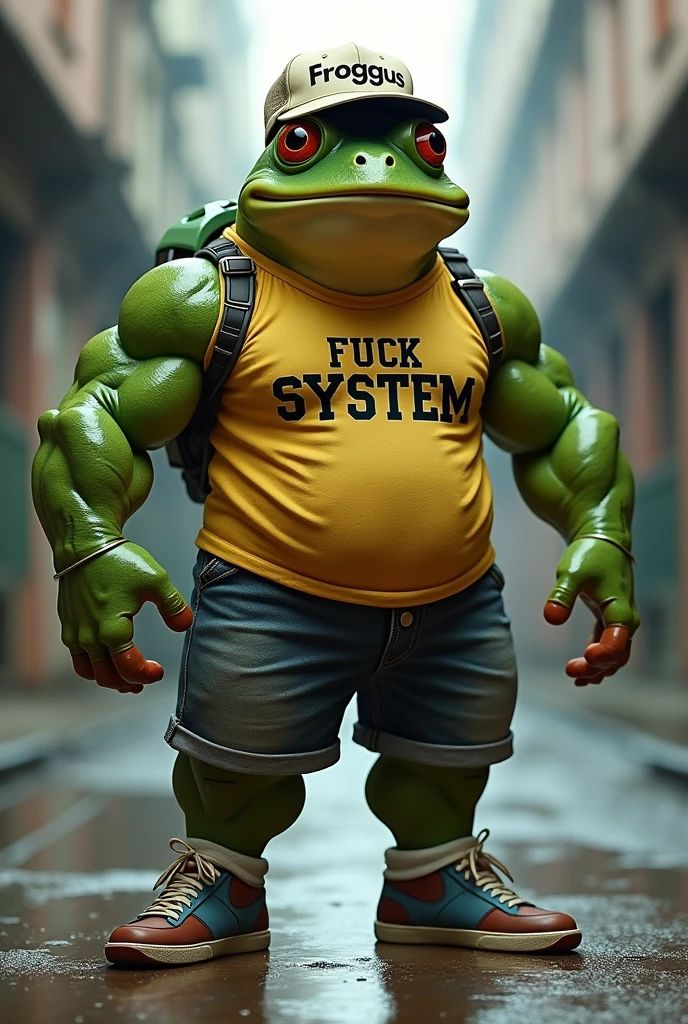 Human black frog with an athletic body, sarcastic style, wearing a Froggus cap, a Fuck the System t-shirt, shorts and sneakers,