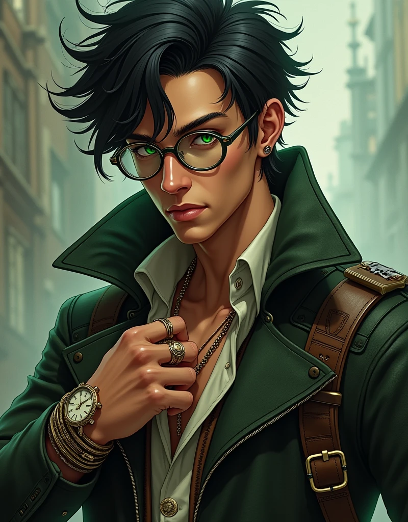 Kae&#39;s appearance is quite dashing.. He has an athletic build., piercing emerald green eyes and jet black hair, who always seem completely disheveled. His skin has a warm golden hue due to his mixed heritage.. Kae&#39;s style is a mix of steampunk and modern style.: leather bound jackets, Brass glasses and watches with intricate designs, adorning his wrists. He exudes confidence and charisma., with a hint of mischief in his eyes.