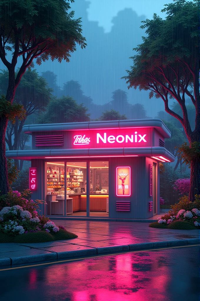 Make with aesthetic, modern,futurstic and animated .A shop that name neonix and besides of the shop there will be a lot of trees and flowers. With night view and rain