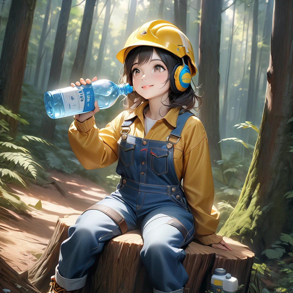 (masterpiece, best quality:1.2), photo realistic, solo, 1 cute girl, denim coveralls with chaps, yellow helmet with Ear protectors, holding a PET bottle of water, looking up with slight smile, Sitting on a stump with legs apart, in forest, Generated in SFW, ARW