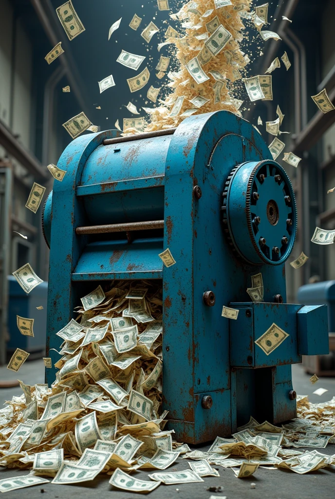 Blue industrial shredder spewing out money