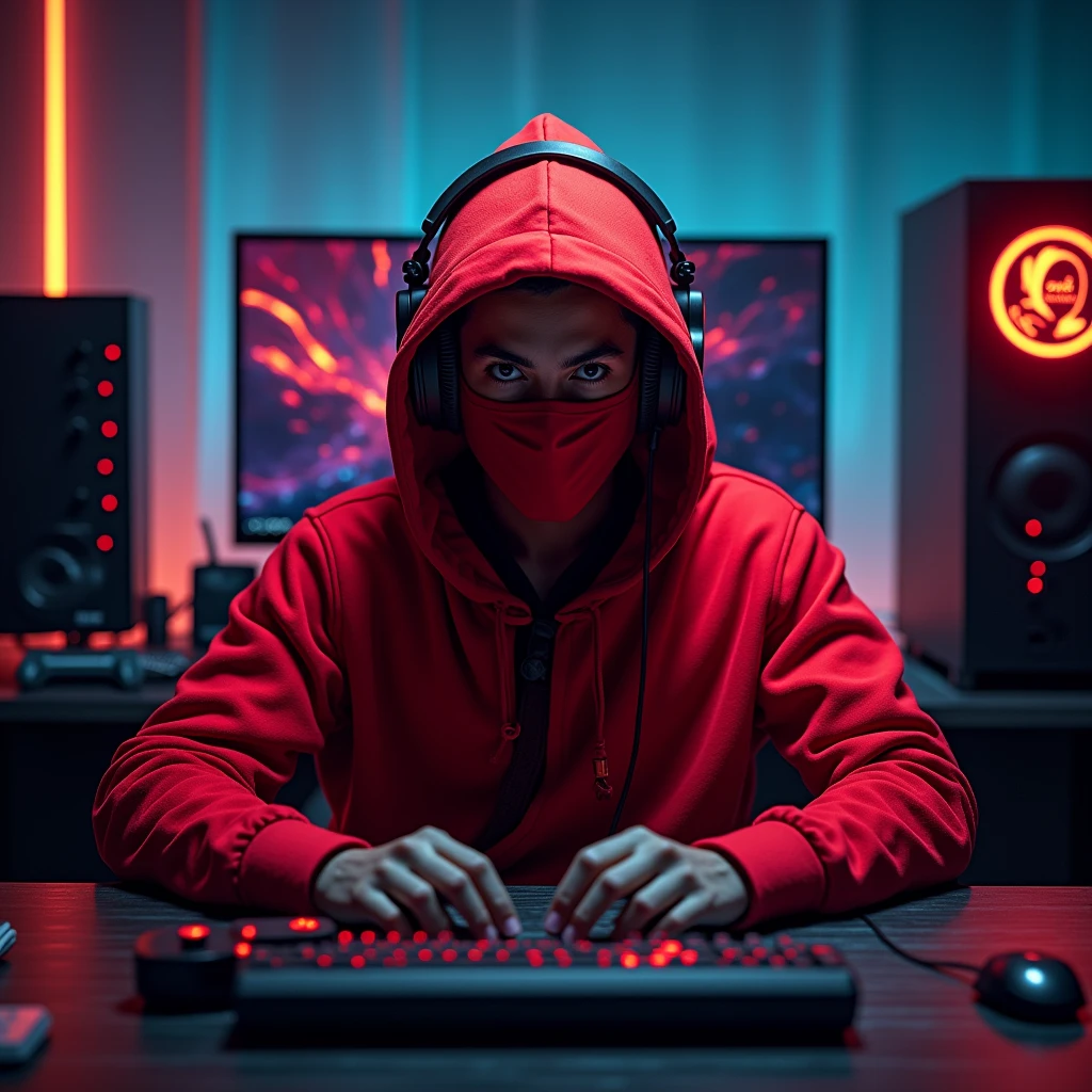 A guy dressed as a ninja in red, sitting infront of a gaming pc with headphones on. On the monitor is a background with a logo with a ninja and some text saying "andi2NINJA"