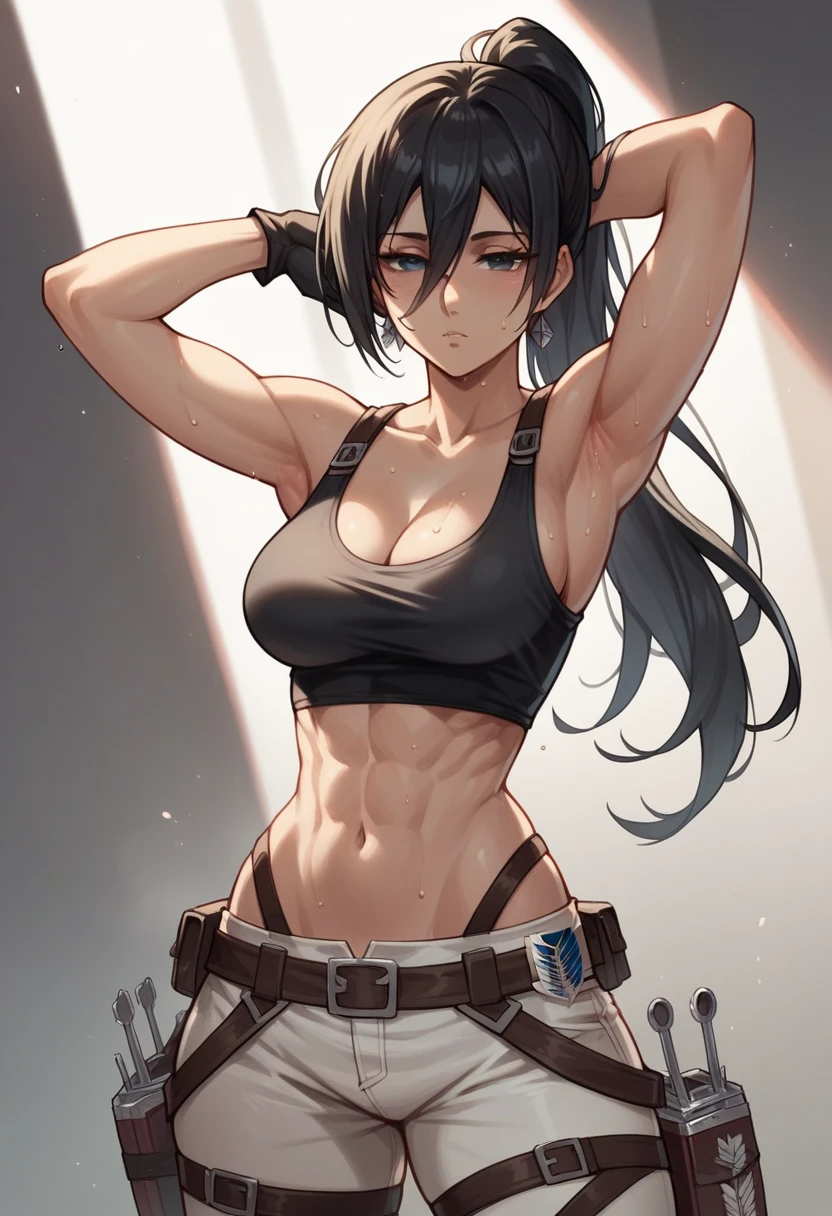 1girl, solo, strong, pretty and gorgeous, hot, medium breasts, slender waist, wide hip, thick thighs, mikasa ackerman, black hair, black eyes, long hair, hair between eyes, looking at viewer, black gloves, cleavage, midriff, triangle earrings, black tanktop, standing, hand behind head, armpits, sweating, half closed eyes, ponytail