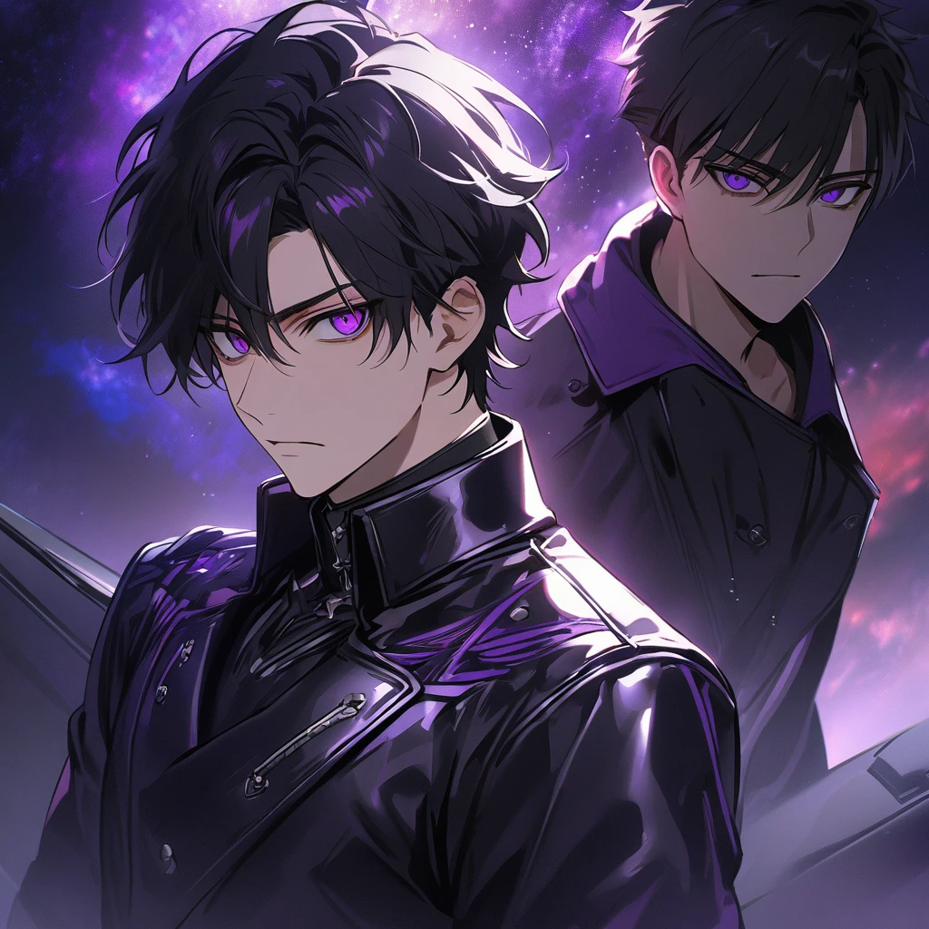 High quality, HD, 4k, no shadows, handsome male, handsome, extremly handsome, 1male, 1 male, teenager, pure black hair, short black hair, dark hair, black hair, jet black hair, sharp eyes, deep purple colored eyes, dark purple colored eyes, deep violet eyes, violet eyes, devil may cry, close up, calm expression, stoic expression, black leather clothes, black leather clothing, leather clothing, lean body, well trained body, upper body, looking at viewer, cowboy shot, white solar, space background