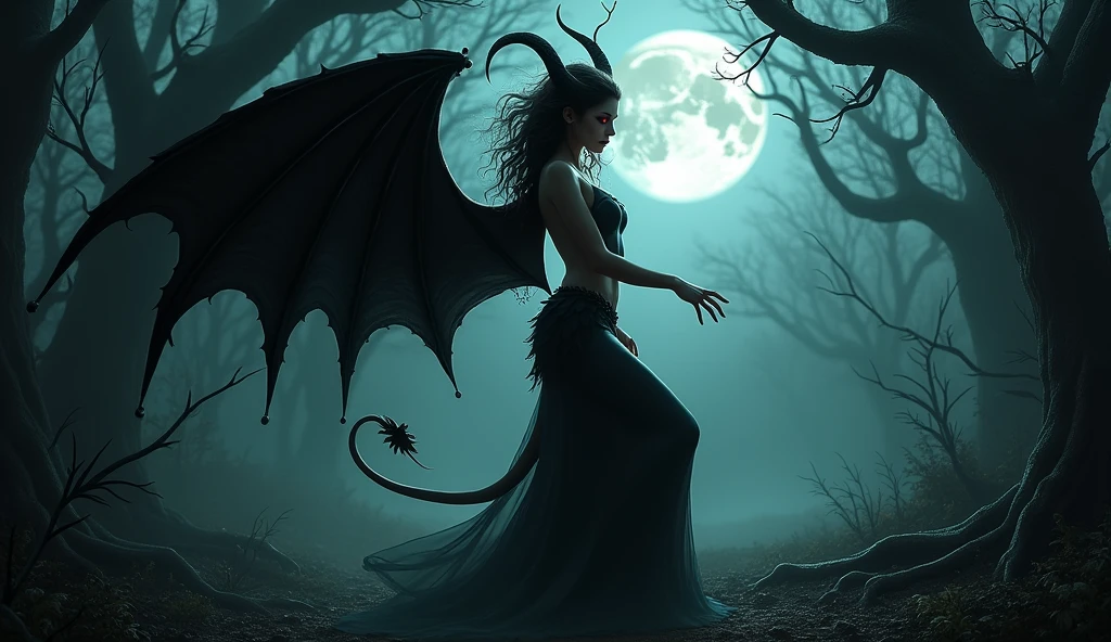 A captivating female demon with sharp, defined features and dark, feathery wings. She is perched on the edge of a cliff overlooking a stormy, moonlit landscape. Her attire is a mix of dark velvet and shimmering metal, hugging her body as she gazes intensely at the viewer. The atmosphere is thick with tension, as thunder rumbles in the distance and her presence radiates both danger and irresistible attraction. Aim for realistic depiction, make sure photos are at highest resolution (8K)