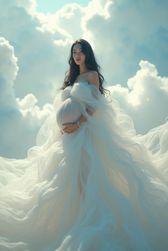 pregnant Woman frock created from clouds, black hair . full body shot, frock both side spred . big . shot , cloudy effect in background 