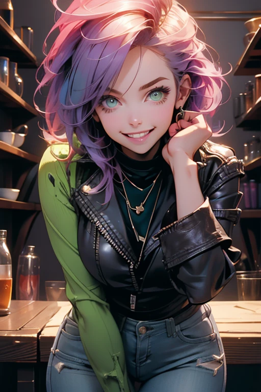Perfect face. Perfect hands. A light purple haired woman with green eyes and an hourglass figure in a leather jacket and jeans is smiling while leaning forward in a haunted house.