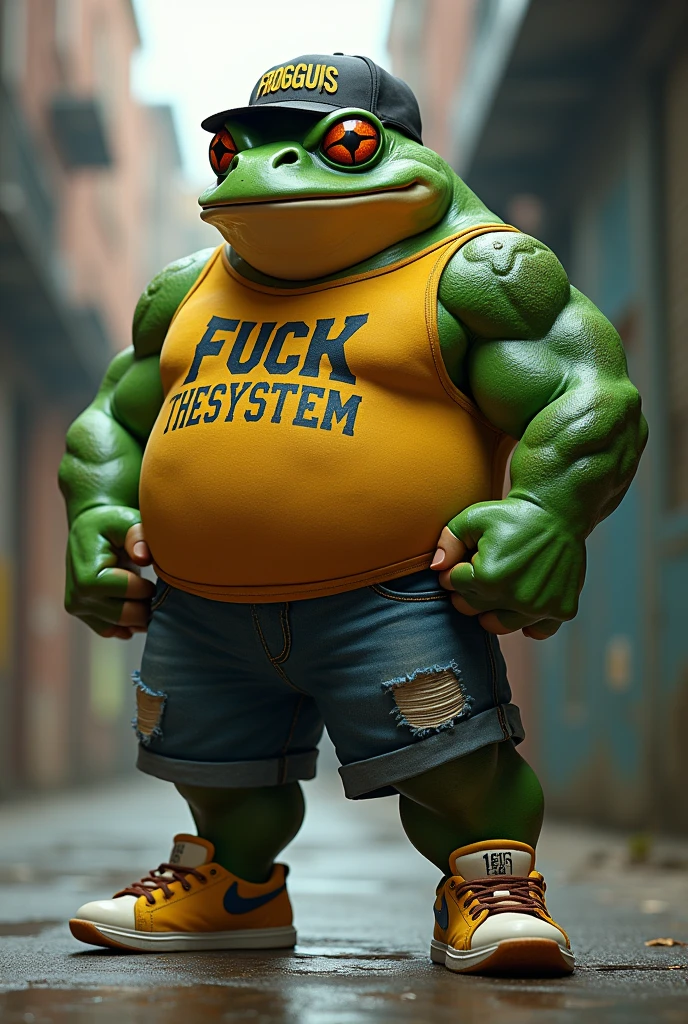 Human black frog with an athletic body, sarcastic style, wearing a Froggus cap, a Fuck the System t-shirt, shorts and sneakers,