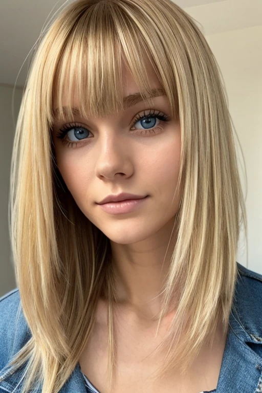 Skinny blonde, 20 year old woman, messy hair, bangs, high detail, high quality