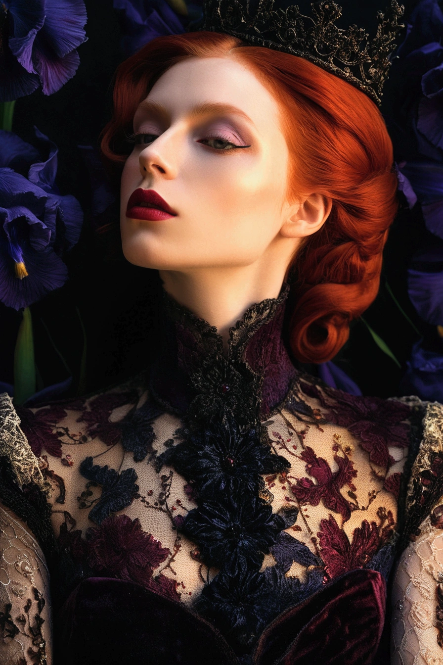 arafed woman with red hair and a crown on her head, draped in velvet and flowers, fine art fashion photography, portrait of a dark fantasy nymph, beautiful redhead woman, rich deep colors. masterpiece, red irises and a slim face, by Zofia Stryjenska, by Rhea Carmi, portrait shot, high fashion photography, jaw dropping beauty