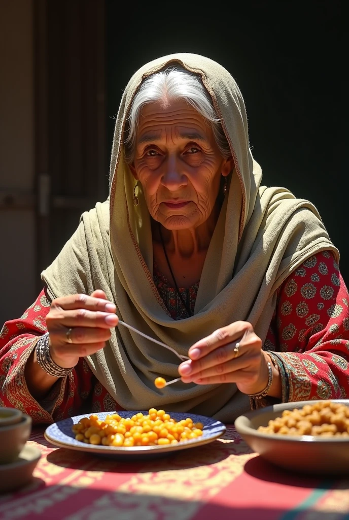 A senior female in Pakistani dress eating posture on table