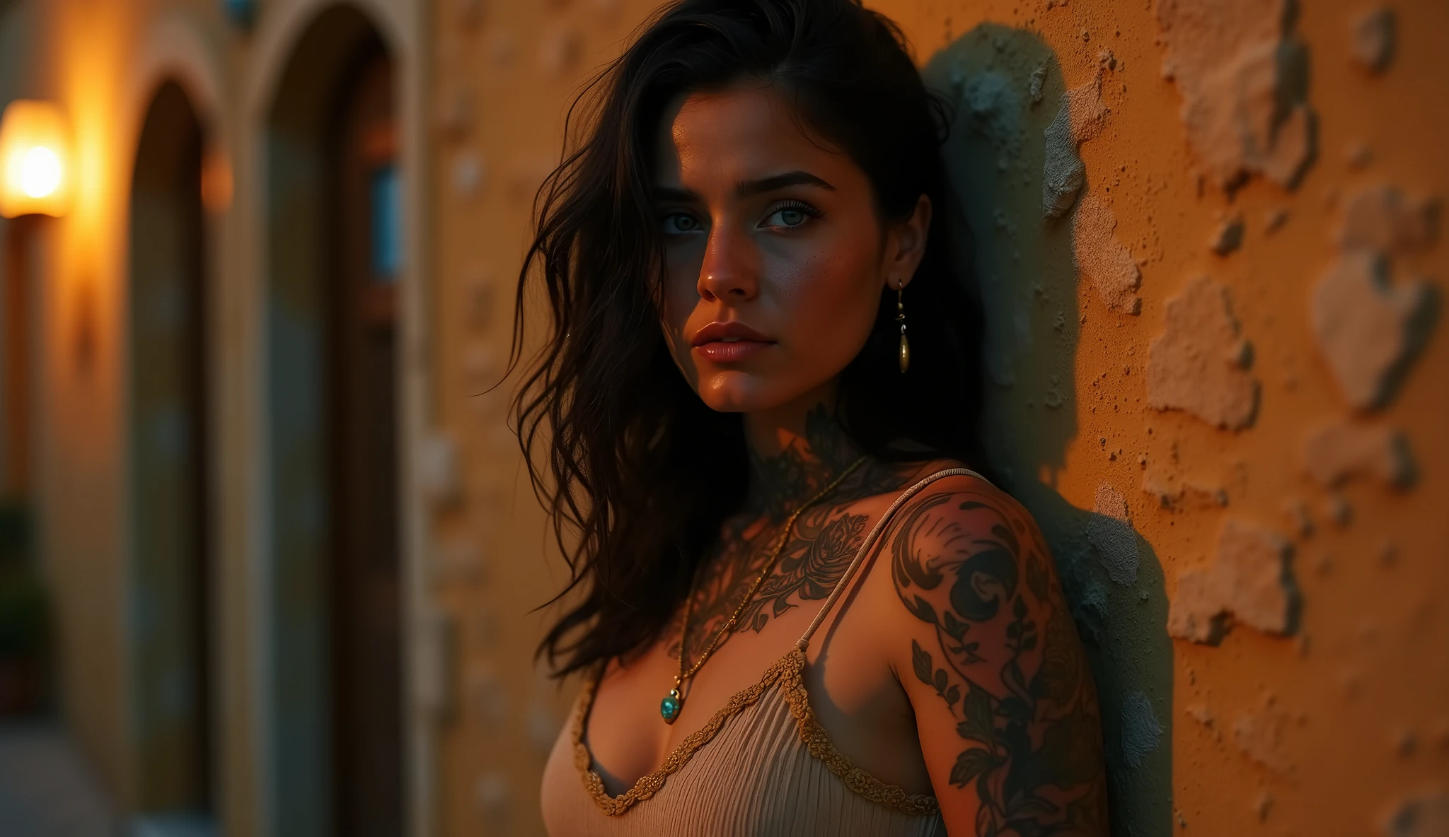 tatuados,Very beautiful big breasts、Leaning against a wall、sit(T-Shirts)(Very large bust),(Back tattoo、Many tattoos on both arms and neck)、 (Zanzibar（Tanzania） - White sand beaches and historic Stone Town),Candlelight only,Very detailed, 2, A beautiful woman,Depressed face, Black Hair,Medium Wavy Hair, blue eyes, High resolution, masterpiece, Highest quality, Intricate details, Very detailed, Clear focus, Delicate skin, practical skin texture, texture, Delicate eyes, Professional, 8k, Sad face,despair、 Shot with Canon, 85mm, Shallow and deep, Kodak Vision Color, Exactly, Very detailed, photograph_\(Extremist\), photographpractical, practical, Post-processing, Maximum details, Roughness, Real Life, Extremist practical, Photorealism, photographgraphy, 8k ウルトラ HD, photographgraphy