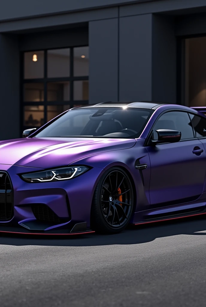 A low bumper BMW in the color of dark purple matte and with a spoiler 