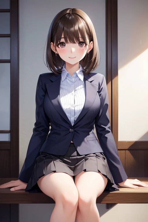 masterpiece, Highest quality, High resolution, One girl, alone, short hair, Brown Hair, Brown eyes, Bedroom、((pantyhose))、(Japanese school uniform)、(Knitted outerwear)、(Showing panties)