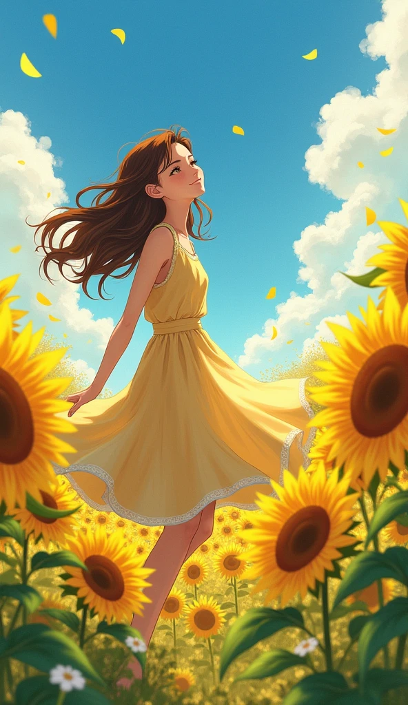 A teenage girl with wavy brown hair, wearing a flowing sundress, spins around in a field of sunflowers. Her face beams with pure joy as she looks up at the clear blue sky. The sunflowers sway in the gentle breeze, surrounding her in a sea of yellow. [Anime style, inspired by Studio Ghibli and Mamoru Hosoda], [Bright, warm lighting, vibrant colors, wide shot, focus on the girl and sunflowers, dynamic movement, soft shadows]
