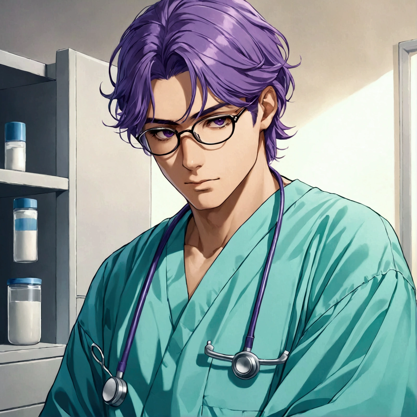 man, 19 years, purple hair, medical gown, Glasses